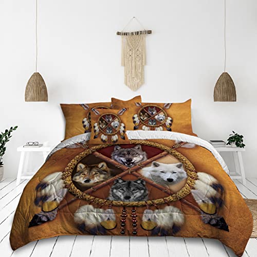 Sleepwish Native American Wolf Comforter Queen Size Wolves Dream Catcher Bedding With Comforter 4 Piece Indian Wolf Feather Printed Quilt Set For Adults Men Boys (Brown And Gold) #TOP6