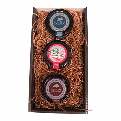 Caja de Regalo Gourmet con Patés de Paté Ibérico, Jamón York y Queso Curado de 110 g cristal en caja de cartón negra resistente con pasto decorativo