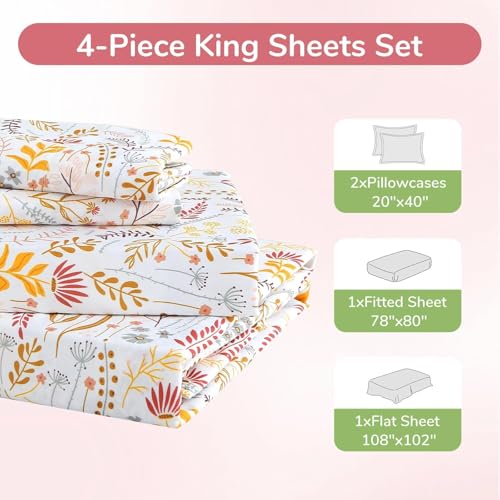Image of MUXHOMO King Size 4 Piece Sheet Set, Soft Breathable Bed Sheet Set for Bedroom with Deep Pocket Up to 16 inch, Wrinkle-Free & Cooling Bedding for Oeko-TEX Certified - Fern Class