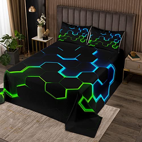 Honeycomb Bedspread Twin Size,Geometry Hexagon Theme with Green Blue Neon Lights Comforter Set,Boys Teen Man Chic Creative Home Bedding Set 2pcs Quilt Set with 1 Pillowcase,Black