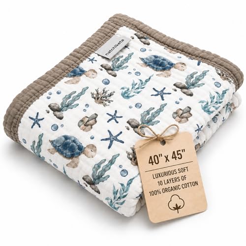 Organic Cotton Muslin Baby Blanket for Boys & Girls - Luxurious Soft Toddler Quilt for Swaddling - Gender Neutral Blankets - Great Sea Turtle