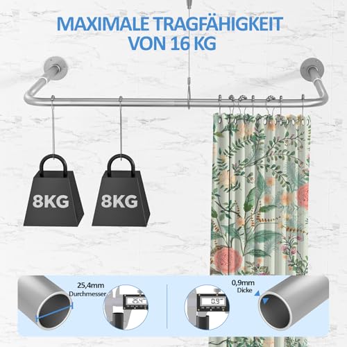 Duschvorhangstange U Form/L Form, [60-92] × [78-196] × [60-92] cm Verstellbare Duschstange Ecke mit 12 Vorhangringen & Deckenstütze für Badewanne/Badezimmer, Bohr-Montage Erforderlich, Silber
