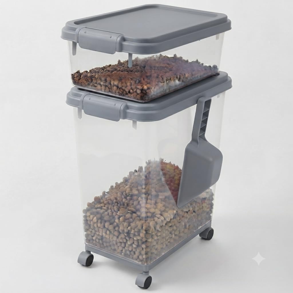 NTEK 3 Piece Airtight Pet Food Storage Container Set with Measuring Scoop & Wheels, Large Plastic Dog Food Storage Bin, Cat Food Dispenser, Dry Food, Treat & Biscuit Storage Box with Locking Lid