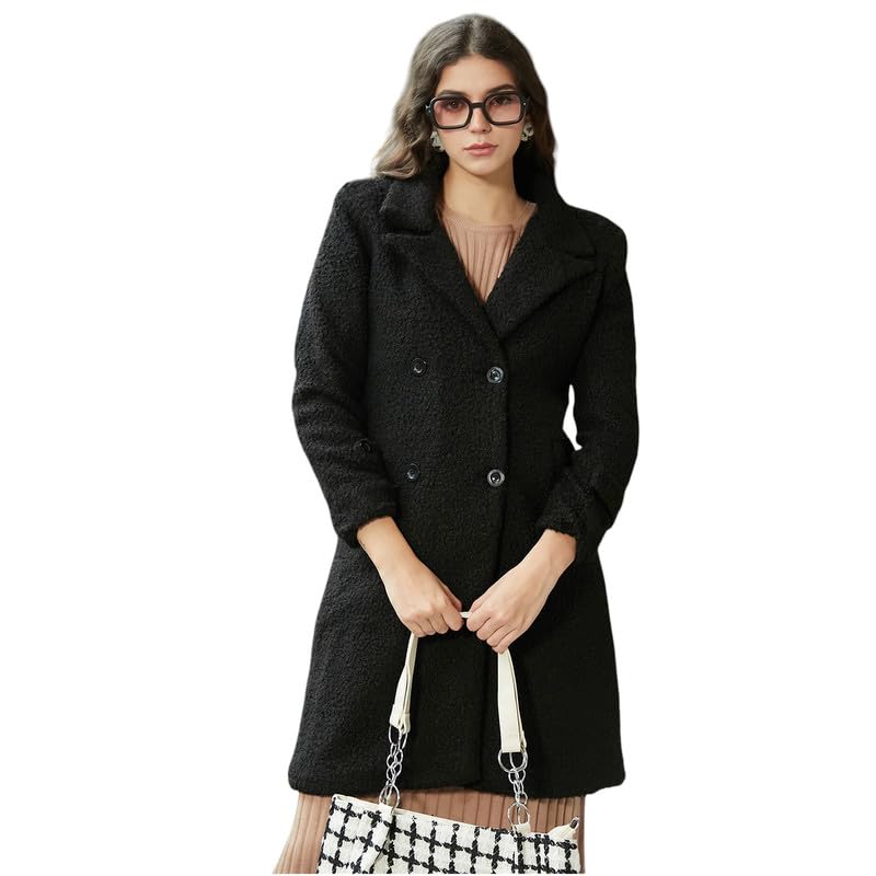 Image of Campus Sutra Women's Double-Breasted Fleece Long Coat For Casual Wear | Lapel Collar | Long Sleeve | Button Closure | Coat Crafted With Comfort Fit For Everyday Wear