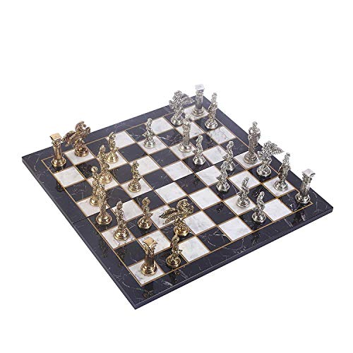 GiftHome Mythologic Pegasus Figures Metal Chess Set for Adult, Handmade Pieces and Marble Design Wood Chess Board King 3.75 inc