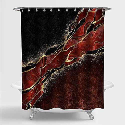 Gibelle Red And Black Marble, Abstract Burgundy Maroon Marble Gold Veins Shower Curtain Set With Hooks, Modern Luxury Art Waterproof Fabric For Bathroom Decor, 72 X 72 #TOP1