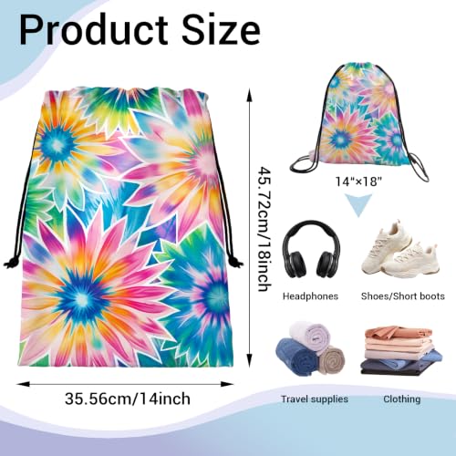 Image of Flower Rainbow Drawstring Bag Tie Dye Storage Pouch for Toiletries Wet Cloth Shoes