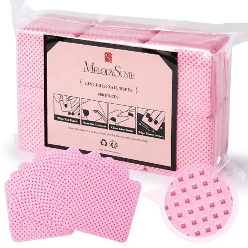 Image of MelodySusie 600Pcs Lint Free Nail Pink Wipes Super Absorbent Soft Non-Woven for Fingernail Polish Remover and Eyelash Extension Wipes for Nail Art