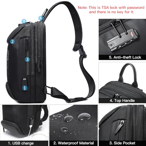 Image of BANGE Sling Backpack with Lock, Anti Theft Crossbody Shoulder Bag for Men Women, Waterproof Small Daypack with USB Charging Port for Outdoor Sports