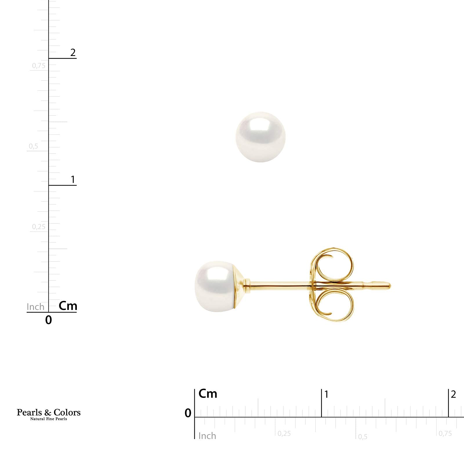 Pearls & Colors - Boucles d'Oreilles - Véritables Perles de Culture d'Eau Douce Boutons - Blanc Naturel - Qualité AAA+ - Or Jaune - Système Poussette Haute Qualité - Bijou Femme