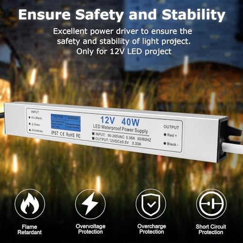 Image of LED Driver 40 Watts, IP67 Waterproof 12V Power Supply, AC 90-265V to DC 12V 3.33A Low Voltage Transformer with 3-Prong Plug 3.28ft Cable for LED Lights, Computer Project, Outdoor Use