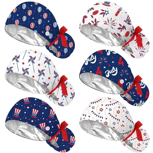 Jamntower 6 Pcs Satin Lined Scrub Caps Women with Button Ponytail Surgical Nurse Cap Adjustable Tie Back Nursing Working Hats(4th of July Independence Day Patriotic Style Red Blue White)