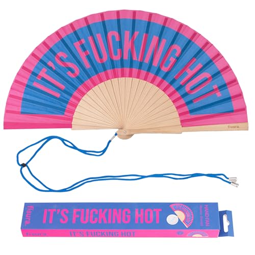 Fisura – Abanico original con mensaje “Have sun”. Abanico de madera moderno y colorido. Ventilador de mano naranja degradado. Colgador incluido. (Hot, rosa y azul)