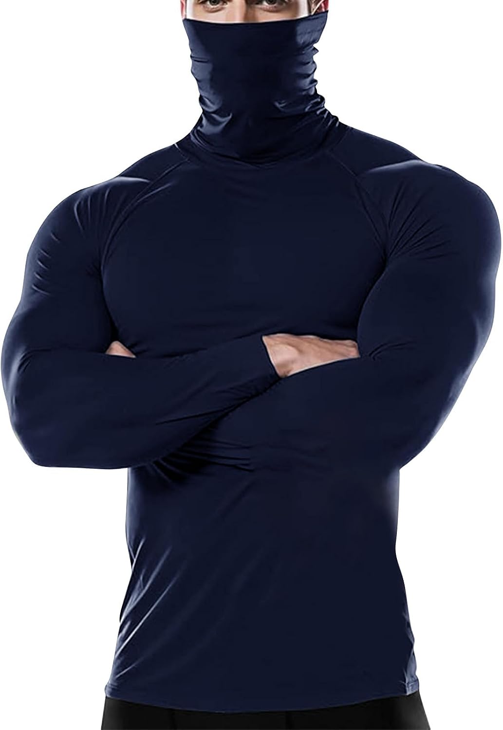 Men's Thermal Long Sleeve Compression Shirts with Face Mask Stretch Fashion Turtleneck Sports Running Base Layer Tops