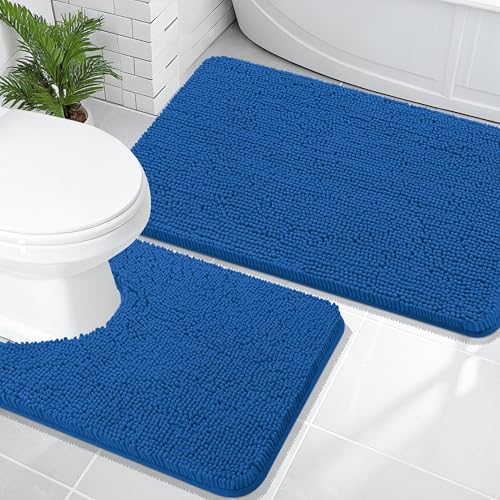 Image of OLANLY Bathroom Rugs Sets 2 Piece, Soft Absorbent Chenille Bath Mats and U-Shaped Contour Toilet Rug Set, Machine Washable Bath Carpet, Home Decor Accessories(36 inchx24 inch+24 inchx20 inch, Deep Navy Blue)