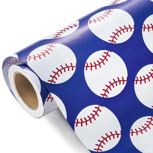 WRAPAHOLIC Baseball Wrapping Paper Roll - Mini Roll - 17 Inch x 9.8 Feet - Sports Blue Baseball Design Perfect for Birthday Party Holiday