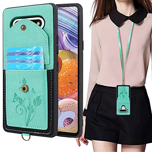 Lacass for LG stylo 6 Case Slim Leather Wallet Protective Cover with Elastic Pocket Credit Card Slot Holder Detachable Neck Lanyard Strap (Butterfly Mint Green)