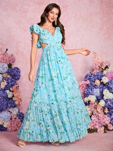 Image of Women's Summer Floral Print Straps Sleeveless V Neck Criss Cross Backless Chiffon Beach Boho Party Long Maxi Dress
