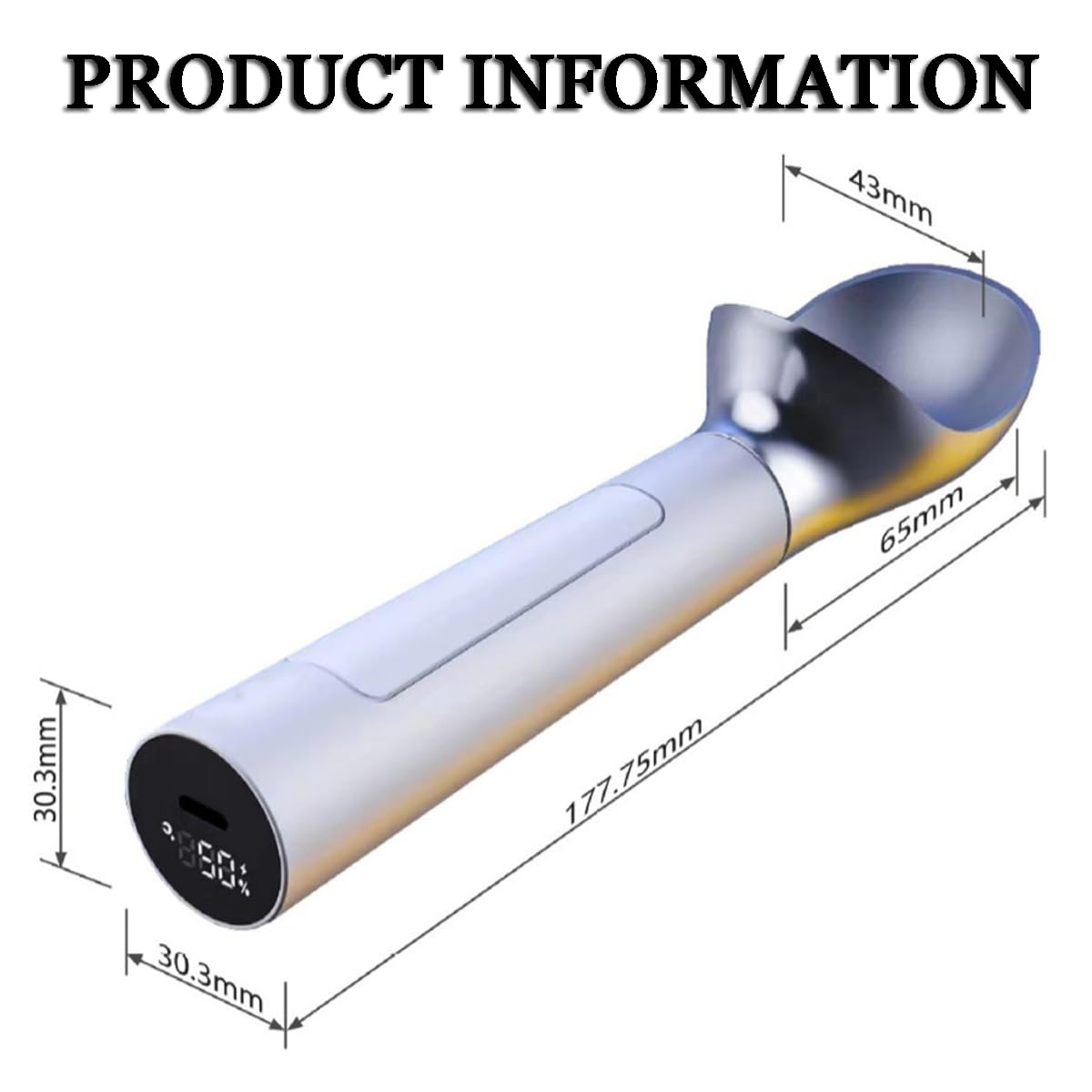Cuillère à glace chauffante USB en acier inoxydable avec affichage numérique, température réglable, étanche, 18,8 x 3,0 x 3,1 cm, 8 heures sur une seule charge, avec boîte de rangement