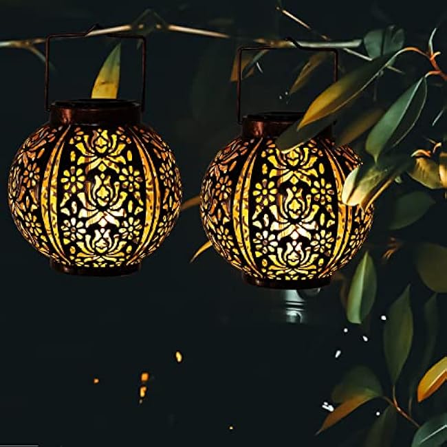 Solar Lanterns Outdoor Waterproof 2 Pack, Hanging Solar Lights for Outside Garden Decor, Decorative Moroccan Lanterns Garden Gifts for Women Mom, Yard, Patio, Porch Decorations