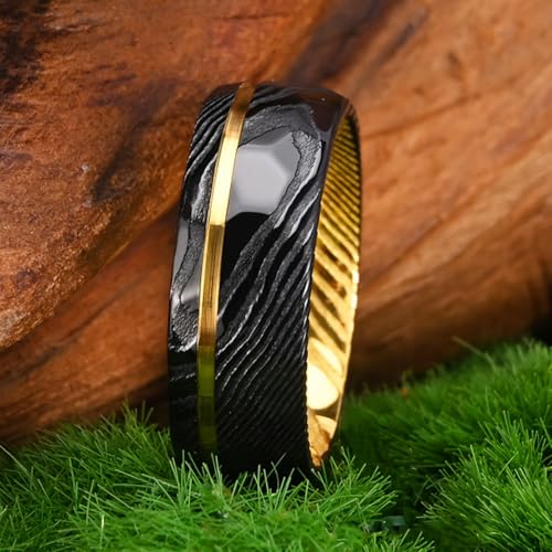 Damascus Steel Rings for Men Black Hammered 8mm Men's Engagement Wedding Bands Inlaid Gold Foil Meteorite Fragments Comfortable Suitable for Daily Parties2