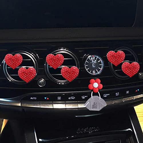Image of Bling Heart Air Vent Clips, 6 Pcs Red Heart Car Air Fresheners, Diamond Car Interior Decor Charm + Cute Sunflower Mask Hook