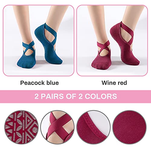 Luckit Yoga Socks With Grips For Women Non Slip Grip Socks Pilates Socks Fitness Socks Anti-Skid Socks For Yoga, Size 5~10 (Wine Red+Peacock Blue) #TOP1