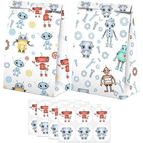 BonBeeDesign 24 Robot Party Favors Candy Bags with Stickers - Robot Goodie Gift Treat Bags - Robot Themed Birthday Party Supplies Cover