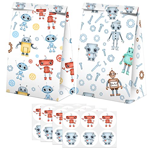 BonBeeDesign 24 Robot Party Favors Candy Bags with Stickers - Robot Goodie Gift Treat Bags - Robot Themed Birthday Party Supplies