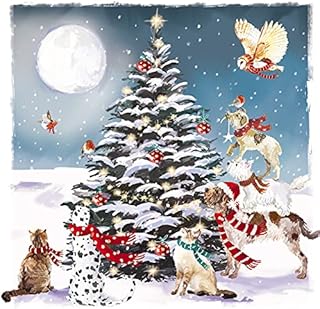 Ling Design Pack of 6 Charity Christmas Cards - 'Festive Animals Around the Tree' - 6 Cards of 1 Lovely Design