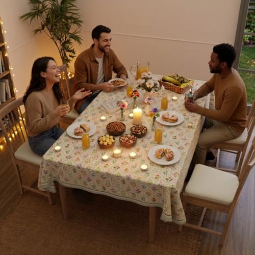 Image of Encasa XO Dining Table Cover Cloth for 6 to 8 Seater | 140x240 cm Rectangular Table Cloth | Water Repellent Polyester Tablecloth for Indoor & Outdoor Use - French Beige Digital Print