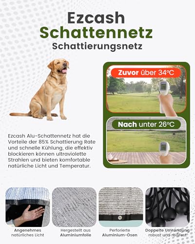 Ezcasch Schattennetz Auto für Hunde 2x3m, 85% Aluminium Schattierungsnetz als UV-und Sonnenschutz, Geeignet für Outdoor, inkl. Elastische Kordel, 5m Nylonseil, Nägel