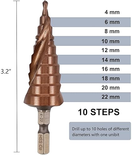 Miniatura 6 de Hymnorq Broca de acero cobalto de 10 pasos, grado M35 5% HSS Co, tamaño métrico de 0.157 in a 0.866 in, flautas espirales dobles y vástago hexagonal