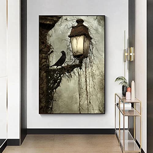Vintage Dark Art Black Crow Lamp Abstract Canvas Painting Posters Mural e impresiones Wall Art Picture para sala de estar Dormitorio Decoración del hogar Art Wall Cover