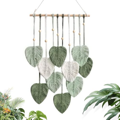 Comius Sharp Makramee Wandbehang Boho Deko, Tapisserie Wanddeko Boho, Makramee Blätter Wandteppich, Gewebte Blattquasten, für Schlafzimmer, Kinderzimmer, Wanddeko, 40 x 90 cm (Grün)