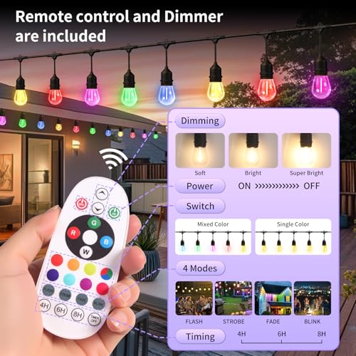 26FT Outdoor String Lights, Outdoor Lights for Patio,with 12+2 LED RGBW Color Change,3000K Bright White Waterproof Bulbs - Additional View