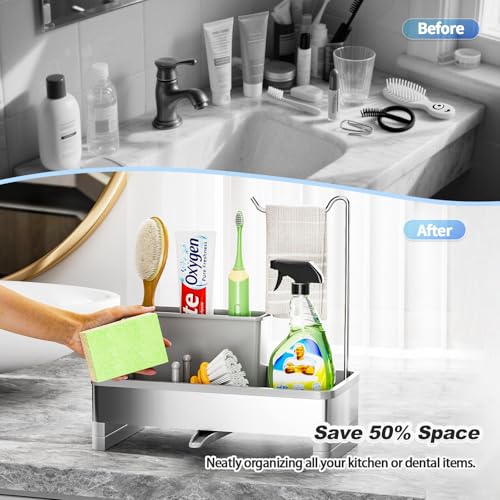 Ewaiira Sponge Holder for Kitchen Sink, Stainless Steel Sink Caddy | with Brush Holder & Dishcloth Rack, Countertop Sink Organizer, Soap Dispenser Kitchen Organizers Storage (F-Gray 9.8″) - image 7