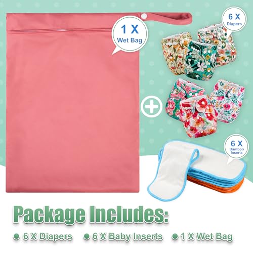 Wegreeco Cloth Diapers 6 Pack with Inserts & Wet Bag, Washable Reusable Diapers for Babies, One Size Adjustable (Chinese Rose) - Thumbnail 6