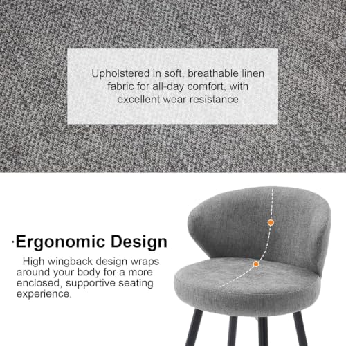 Image of 360 Swivel Modern Bar Stool Set of 3, 26 inch Upholstered Counter Height Bar Stools with Wingback, Soft Linen Fabric, Counter Chairs with Arm for Kitchen Island or Home Bar, Grey
