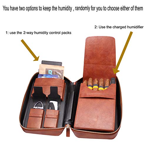 Amancy Portable Multi-Function Brown Leather Cedar Wood Lined 5 Holder Cigar Case, Cigar Organizer Humidor With Cutter And Lighter,Great Gift For Cigar Lovers #TOP5