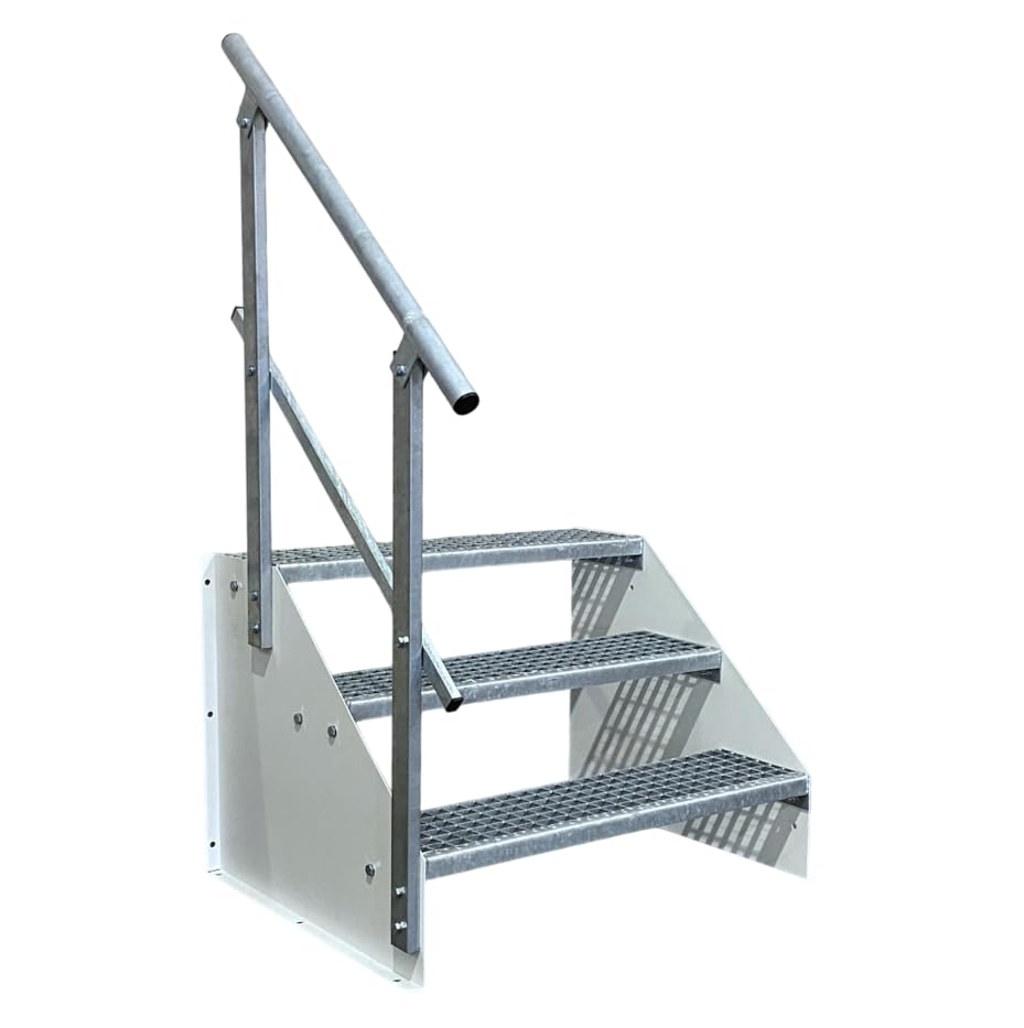 SRM Design 3 Stufen Standtreppe Stahltreppe Wangentreppe Gitterrosttreppe Außentreppe Industrietreppe freistehend Breite 80cm Höhe 63cm weiß 1x Geländer