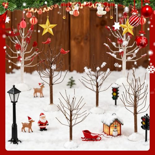 Warmtree 8 Pcs Christmas Village Trees, Christmas Village Accessories Miniature Tree with Cardinal Figurine for Holiday Home Garden Office Festival Decor - Thumbnail 5