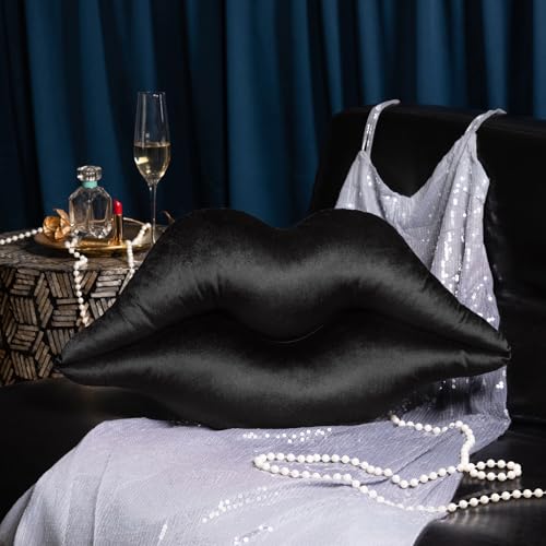 Ashler Upgraded Glossy Velvet Lip Shape Throw Pillow, Delicately Soft, Glossy Shimmering and Brilliant with Velvet Backing for Sofa, Bed and Living Room, Black, 24 X 12 Inches