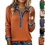 Long Sleeve Polo Shirts for Women Patchwork Button Down Polo Shirt Trendy Pullover Sweatshirt Casual Lightweight Long Sleeve Blouses Comfort Soft Tunic Tops Collared Sweaters for Women Saffron XXL