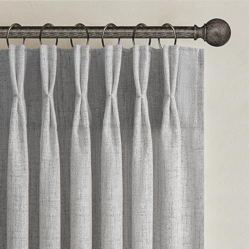 Light Grey Pinch Pleated 63 Inch Length Kitchen Window Curtains Over Sink 2 Panels Set, Memory Trained Light Filtering Semi Sheer Short Curtain Natural Linen Privacy Modern Drapes for Basement Decor