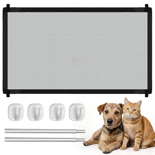 Treppenschutzgitter Ausziehbar Türschutzgitter Ohne Bohren Türgitter Hunde Schutzgitter Treppe mit Klebehaken für Innen und Außenbereich (110 x 70 cm)