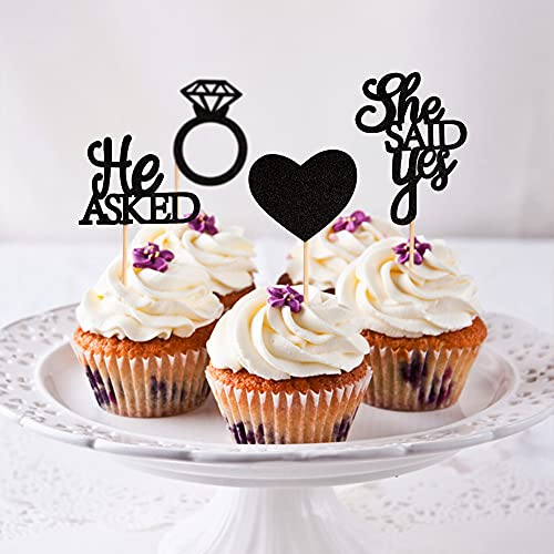 Ercadio 48 Pack He Asked She Said Yes Cupcake Toppers Glitter Heart Ring Cupcake Picks Decorations For Wedding Engagement Bridal Shower Party Supplies Black #TOP3