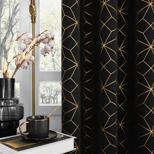 Beauoop Black Gold 100% Blackout Curtains for Bedroom 50x84 2 Panels