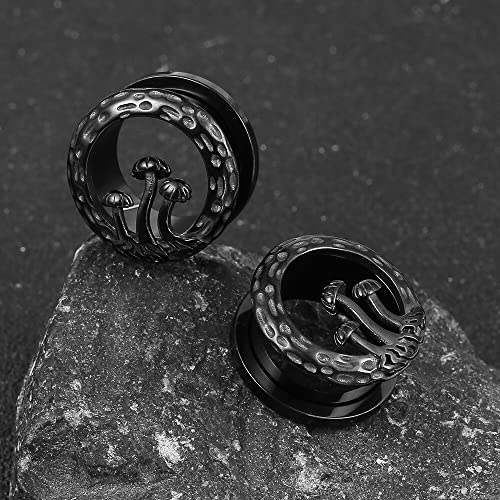 Casvort 2 PCS 14mm (9/16\'\') Hypoallergenic 316 Stainless Steel Black Magic Mushroom Ear Gauges Screw Tunnels Ear Plugs Expander Stretcher Gauges Piercing Body Jewelry