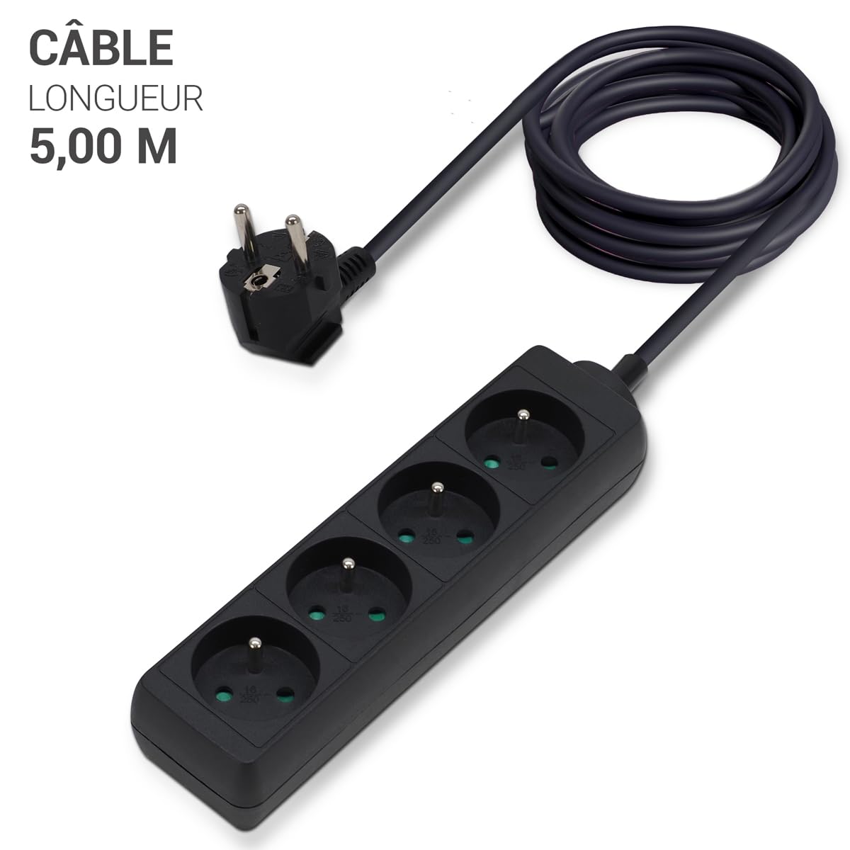 Waytex - Juego de 3 enchufes eléctricos (4 enchufes eléctricos, 16 A, 2 P+T, Cable de 5,00 m, Seguridad Infantil, CE NF, Color Negro